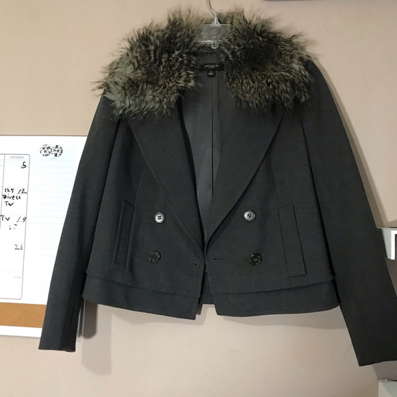 Ann Taylor Blazer Jacket Gray Faux Fur Collar Work - Picture 2 of 8